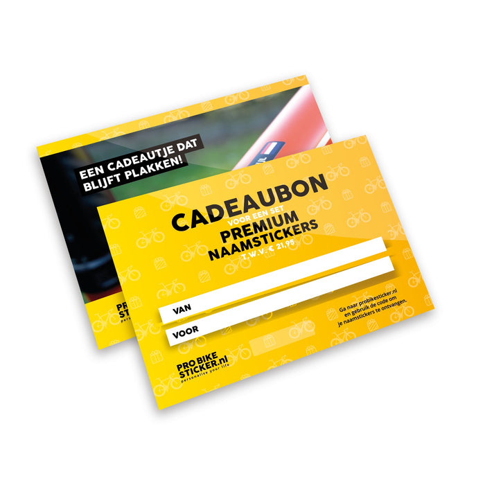 Yellow gift card for a set of Premium name stickers, a gift for a cyclist or mountain biker