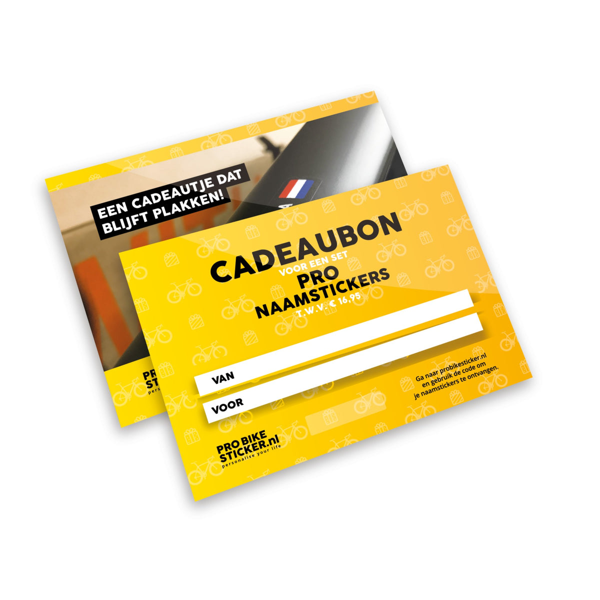 Yellow gift card for a set of Pro name stickers, an original gift for a cyclist