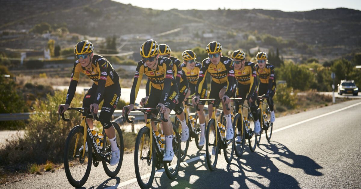 Team Visma | Lease a Bike riders riding in a group during a training camp in Spain