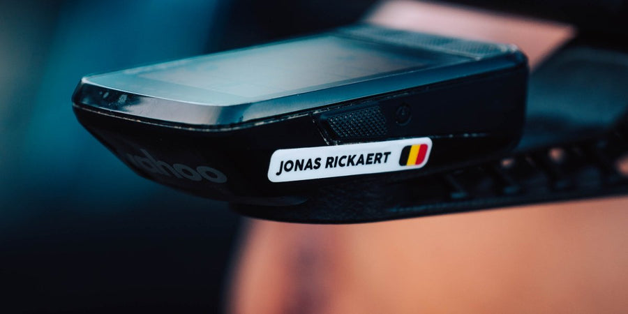 Jonas Rickaert’s name sticker with the Belgian flag on his bike computer, on the handlebars