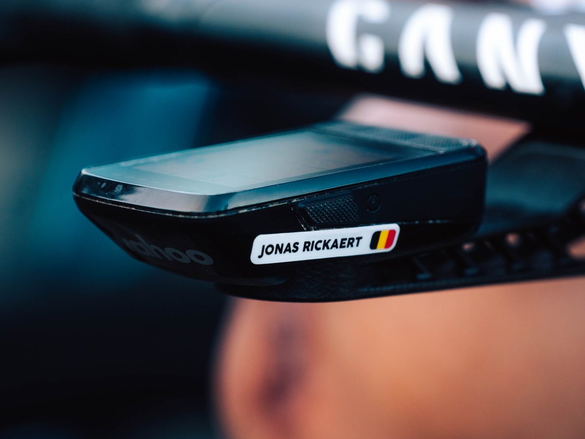 Jonas Rickaert’s name sticker with the Belgian flag on his bike computer