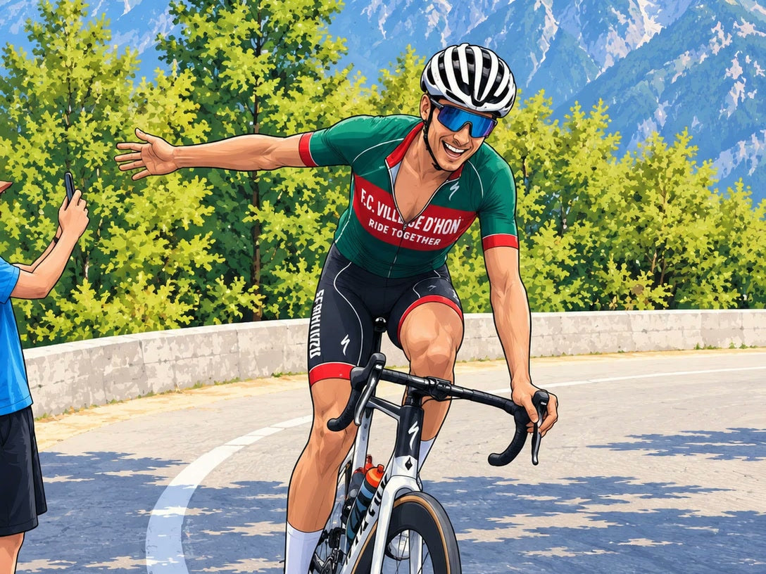 Illustration of Jurri from ProBikeSticker, smiling on his road bike on a mountain road