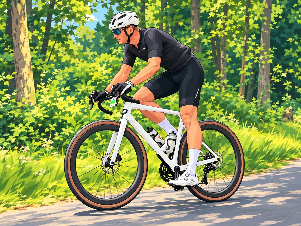 Illustration of Sander from ProBikeSticker on a white road bike along a forest road